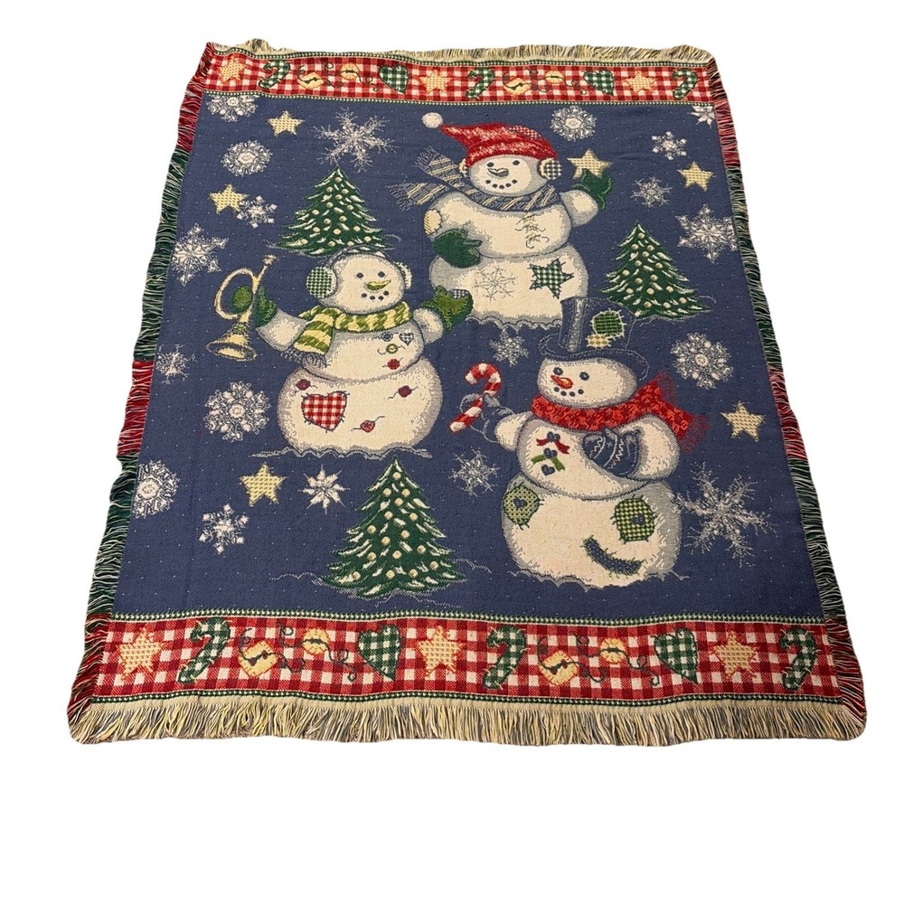 Snowman Christmas Holiday Tapestry Throw Blanket Snow Trumpet Pine Tree 48"x58"